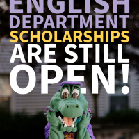 gator mascot looking surprised in front of text "English Department Scholarships are still open!"
